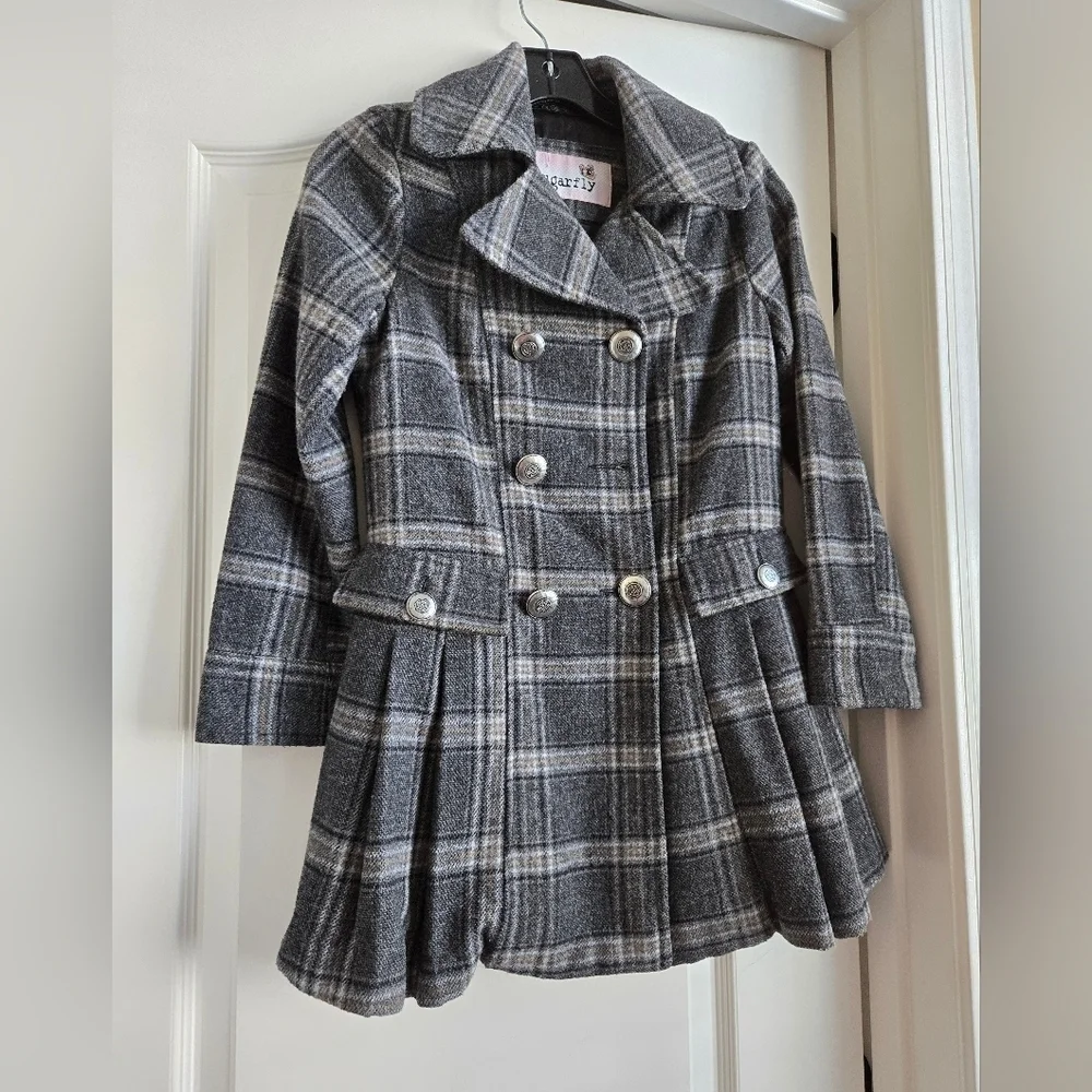 Sugarfly Girls Coats Sz M Wool Poly Plaid Peacoat Jacket Pleated Metal Buttons